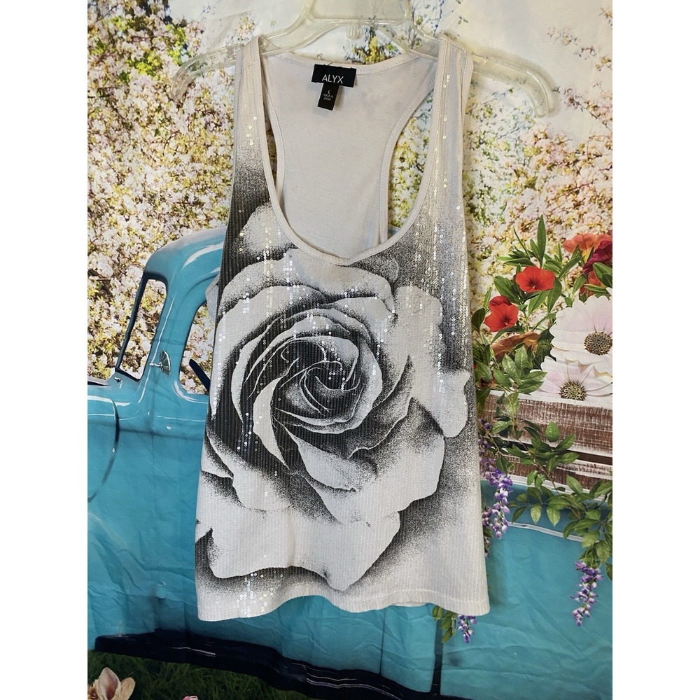 Sheer Sleeveless Sequins Shirt and Rose Print Size Large